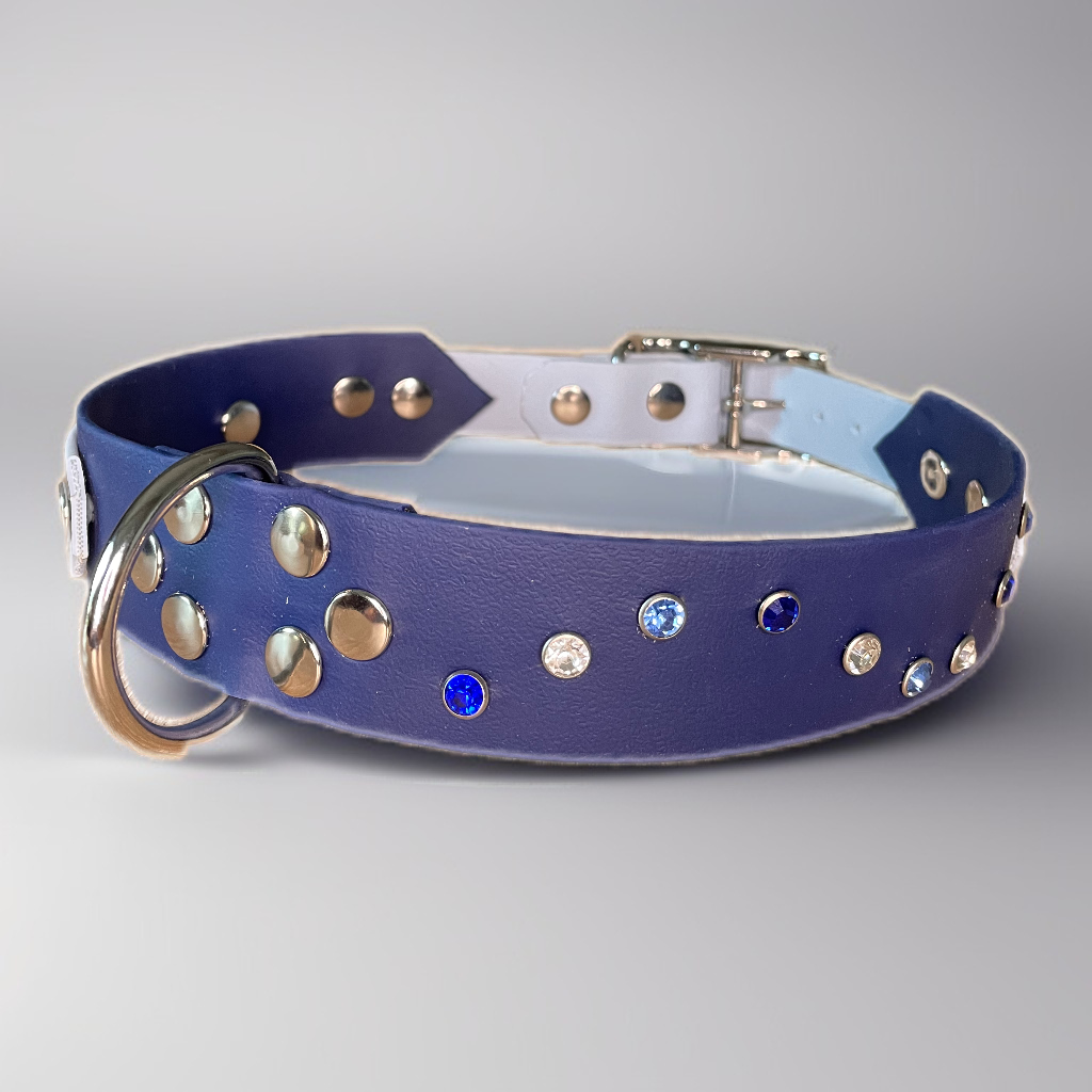 Collier en biothane bleu personnalisable de 38mm pour grands chiens, décoré de rivets strass colorés