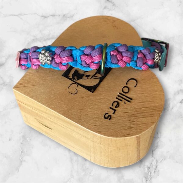 Collier pour chien en paracorde tressée avec formes empreintes de pattes et décorations strass empreintes avec laisse assortie sur mesure personnalisé Elodog